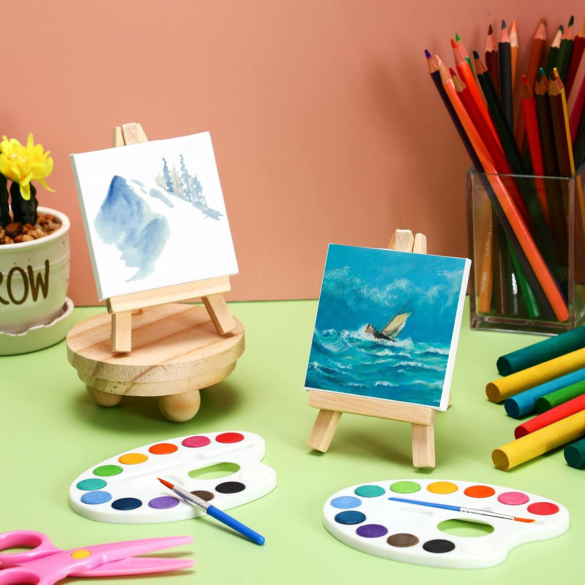 Zubebe mini canvas painting kit with 4 x 4 inch canvases, wooden easels and watercolor palettes - view 6