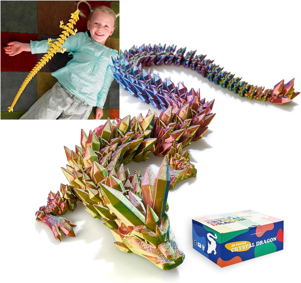 3D Printed Dragon 24 Inch - Yellow Red Blue / 30in