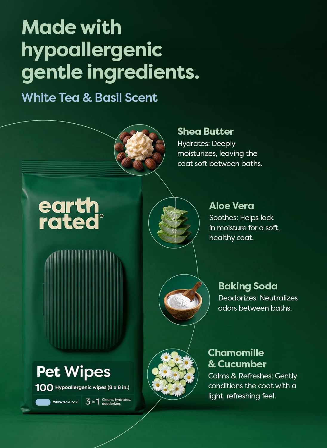 Earth Rated Dog Wipes for Paws & Butt, Deodorizing - White Tea Basil / 200 Grooming Wipes - image 2