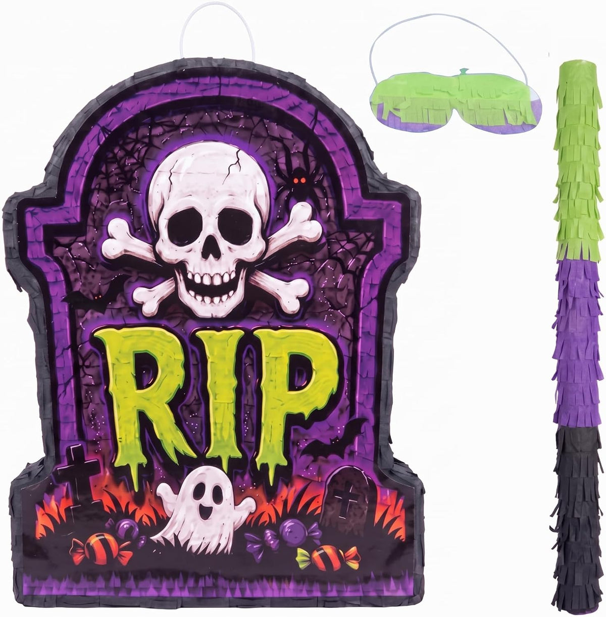 Aoriher Halloween skull piñata with bat stick, blindfold and square confetti - view 3