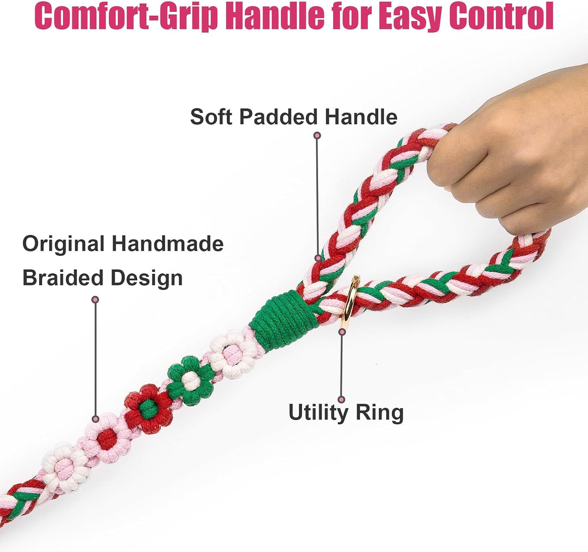 5FT Braided Cotton Rope Leash for Small, Medium and Large Dogs - Strawberry - image 3