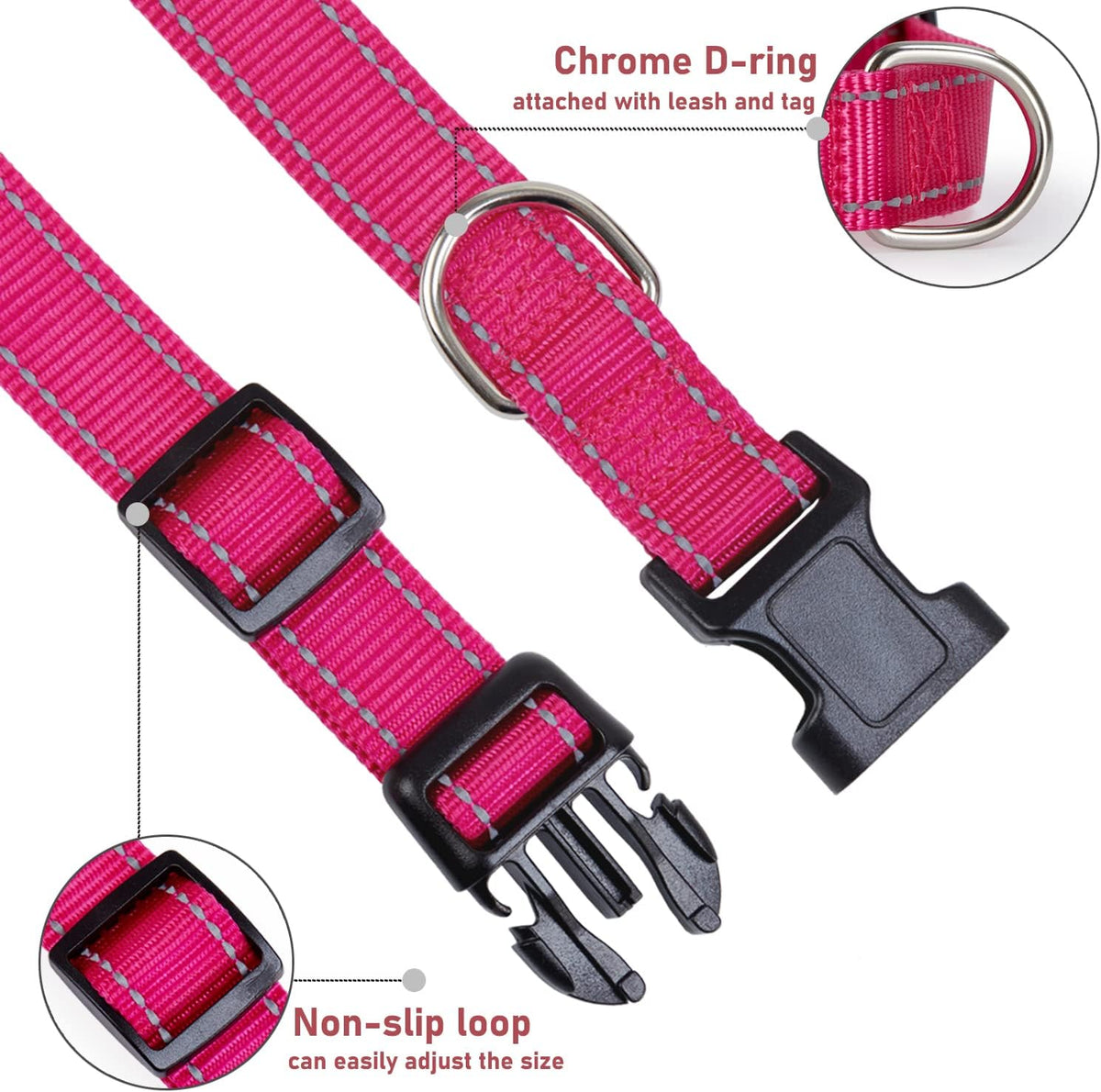 Reflective Dog Collar, Puppy Collar with Buckle Adjustable - Hotpink / Large :Width 1",Neck 14-22" - image 3