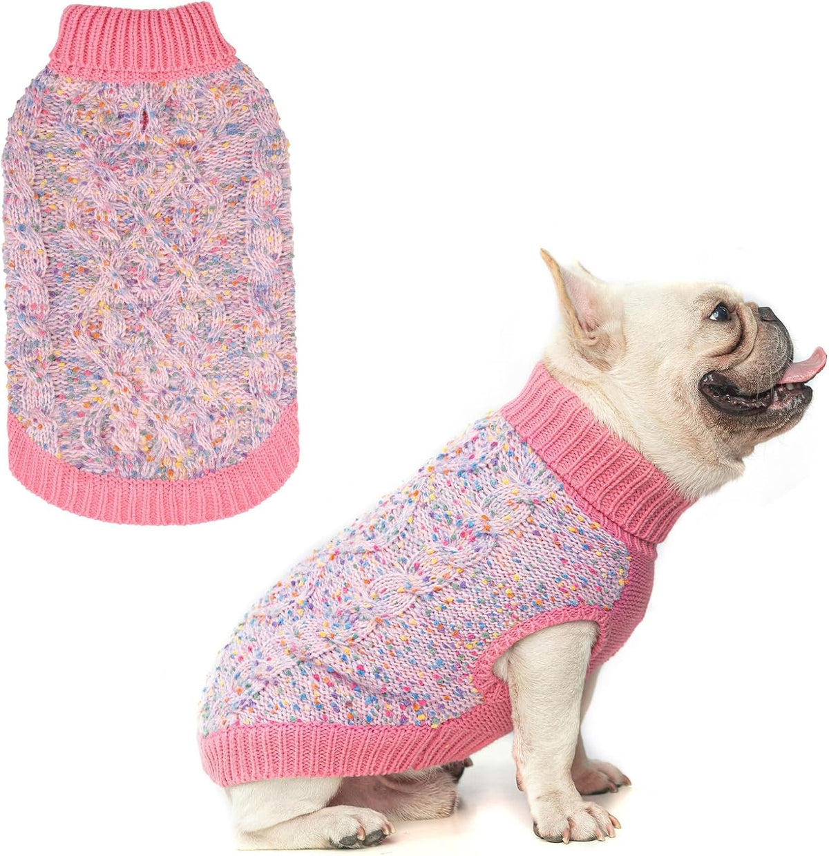 Dog Sweaters for Medium Dogs, Knit Clothes with Harness Hole – Essentials for Dogs - Pink Pom Poms / XS (Back: 10", Chest: 14", Neck: 9")