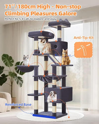 Taoqimiao Cat Tree 71-Inch, Cat Tower for Indoor Cats Large Adult, Multi-Level Large Cat Condo, 8 Sisal Scratching Posts, Metal Frame Cozy Hammock, Scratch Board, 2 Top Perches, Smoky Gray MS026LG