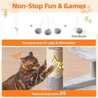 Taoqimiao Large Cat Tree，73-Inch Cat Tree Tower with 9 Scratching Posts for Indoor Cats, 2 Large Cat Condo with Hammock, Hanging Basket, 2 Extended Platform, Light Gray MS013XLW
