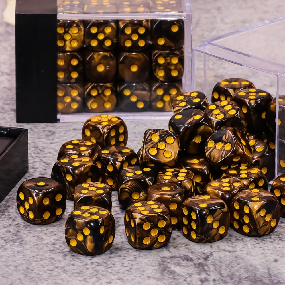 24 of Pack 16MM 6 Sided Dice Set, Two Colours D6 Game Dice Set - Golden Black Swirl - image 3