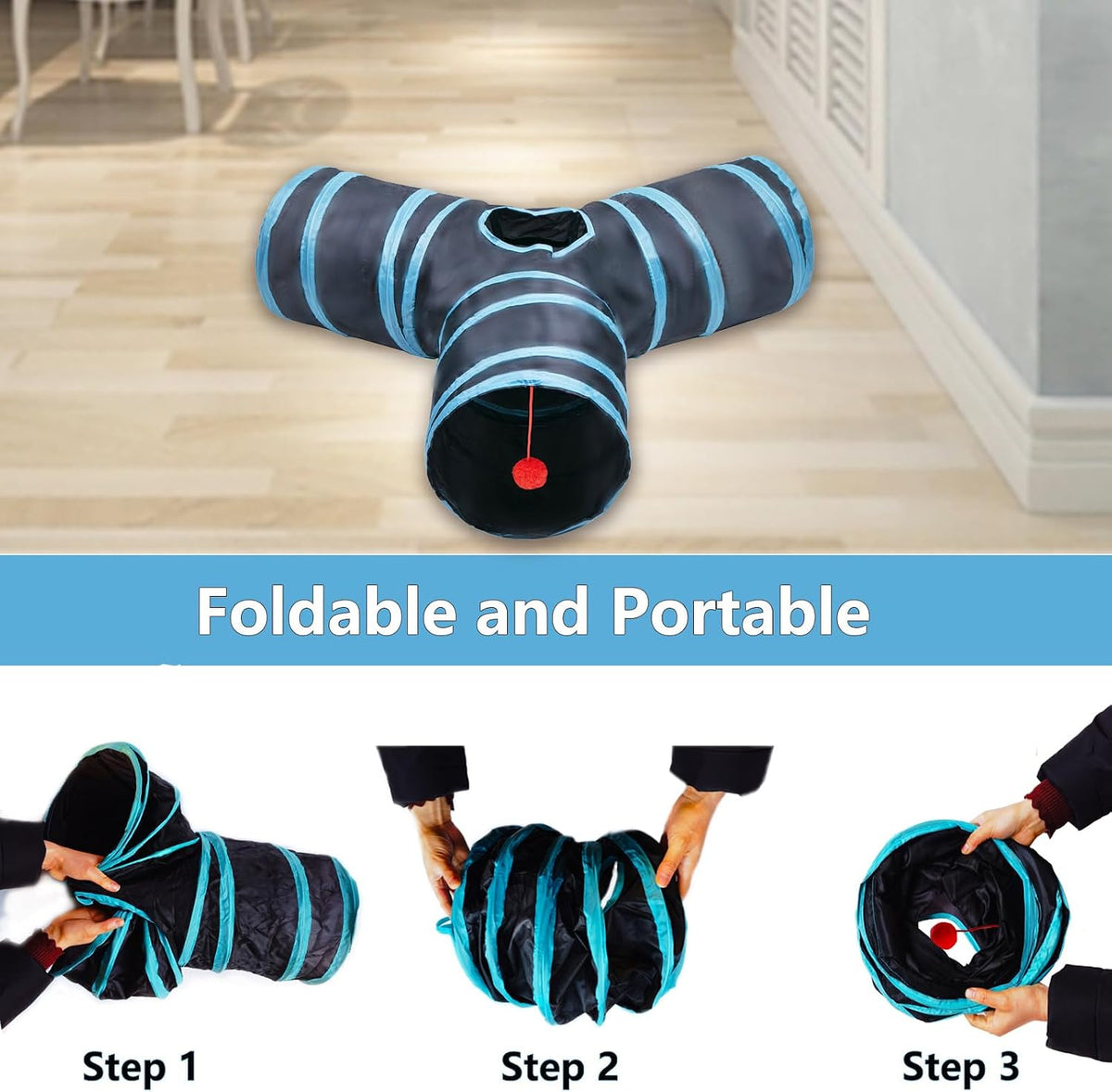 Cat Tunnel Tube Toys, 3 Ways Tunnels for Indoor Cats with Play Ball – Essentials for Cats - 3 Way Black Blue - image 2