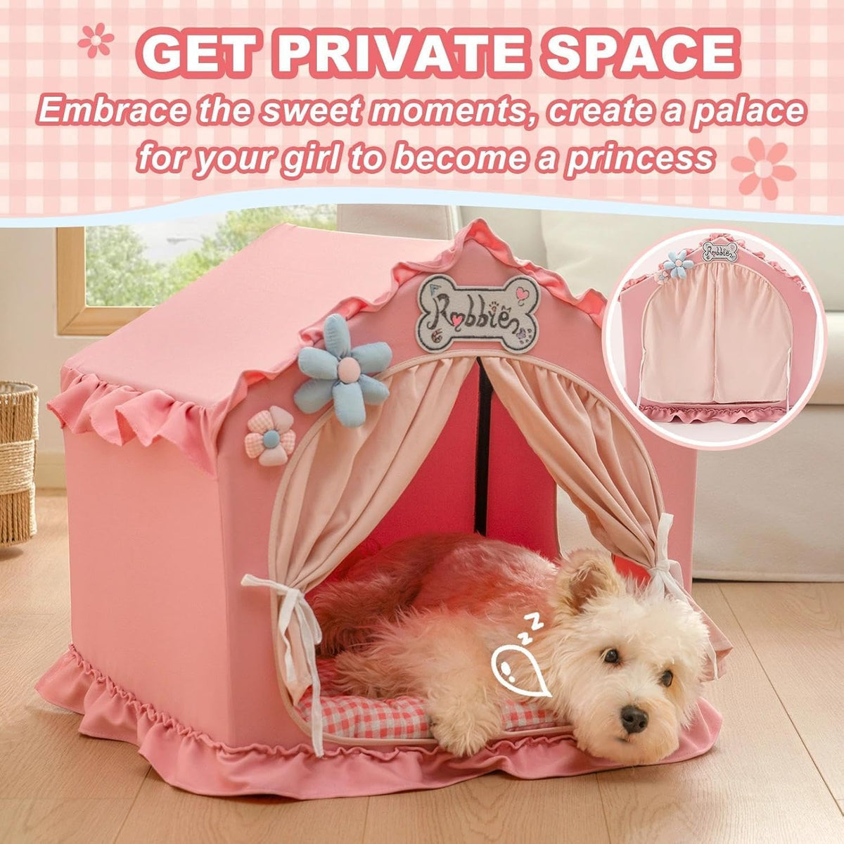 Indoor Dog House with Frame, Cute Dog Tent Bed with Cover Cave - Medium Loose ( 20" × 20" × 20" ) / Pink - image 3
