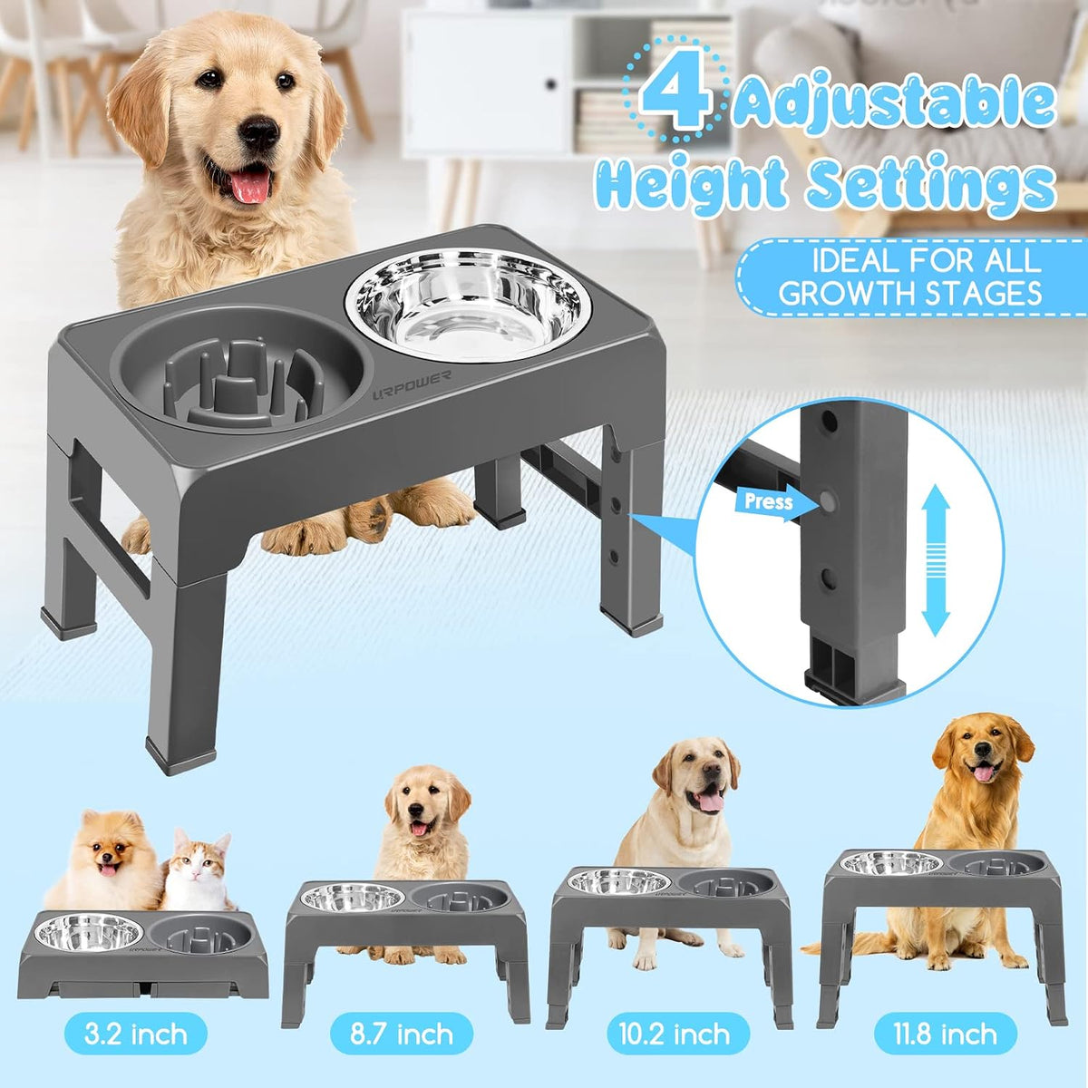 URPOWER Raised Dog Bowls 4 Height Adjustable Elevated Bowl Stand – Essentials for Dogs - Dark Grey - image 2
