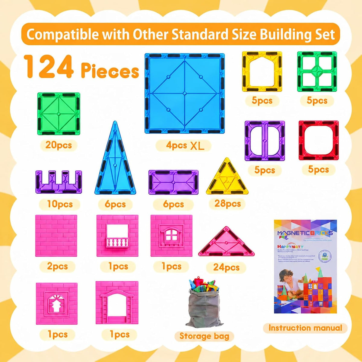 Antibacterial Magnetic Tiles - 124 PCS (4 XL Squares Included) - image 2