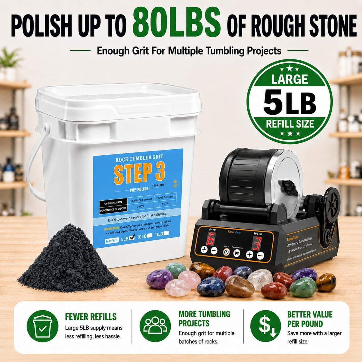 KomeStone 6 lb rock tumbler grit and polish refill kit in 4 bottles - view 8