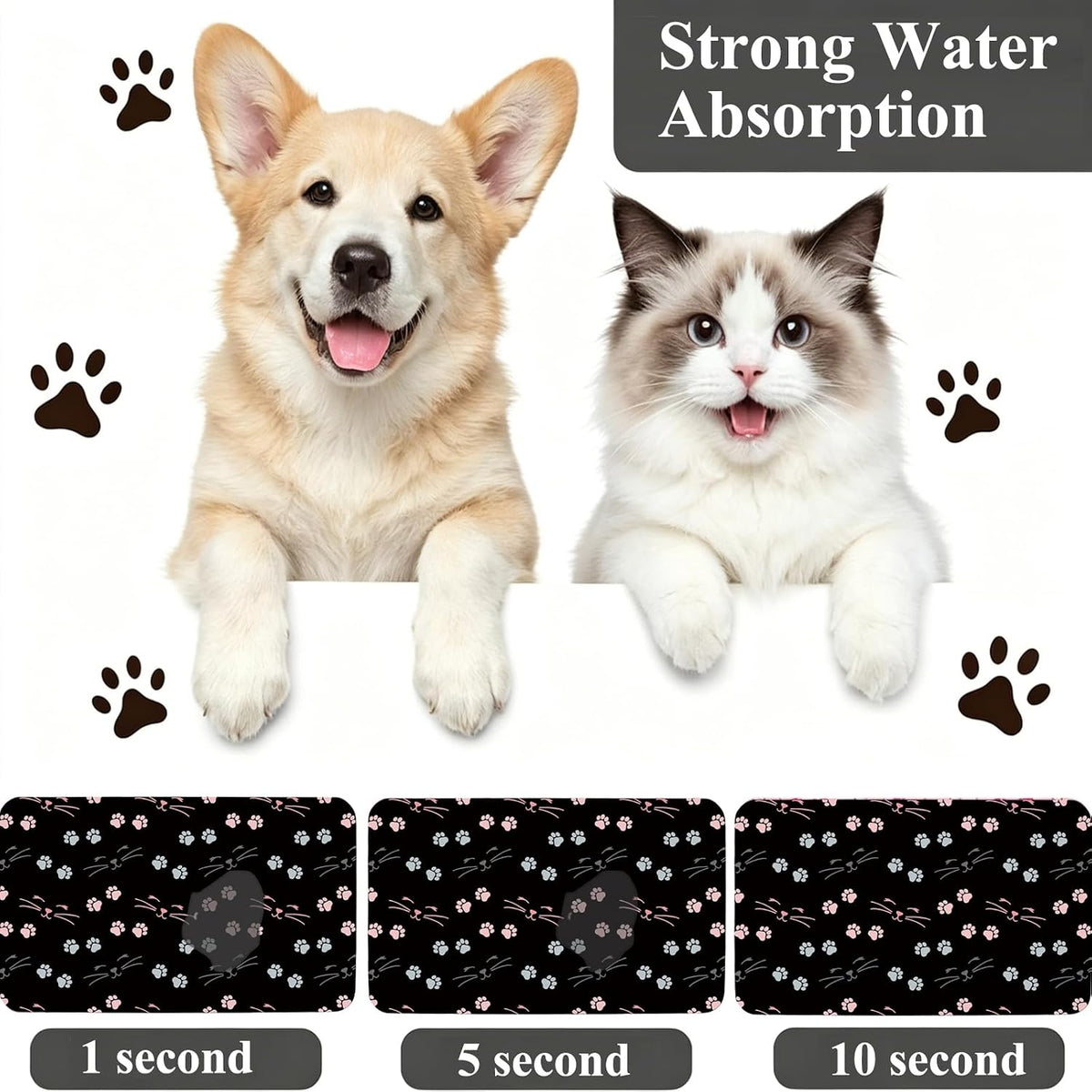 Patterned Cat & Dog Bowl Mat for Food and Water - Small (12" x 20") / A-Black-catpaw - image 4