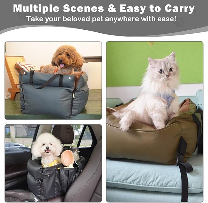 Dog Car Seat for Small Dogs, Large Leather Dog Car Bed with Storage Pocket, Waterproof PVC Leather Booster Seat Travel Bed for Front & Back Seat, Clip-On Safety Leash (Black/Grey)