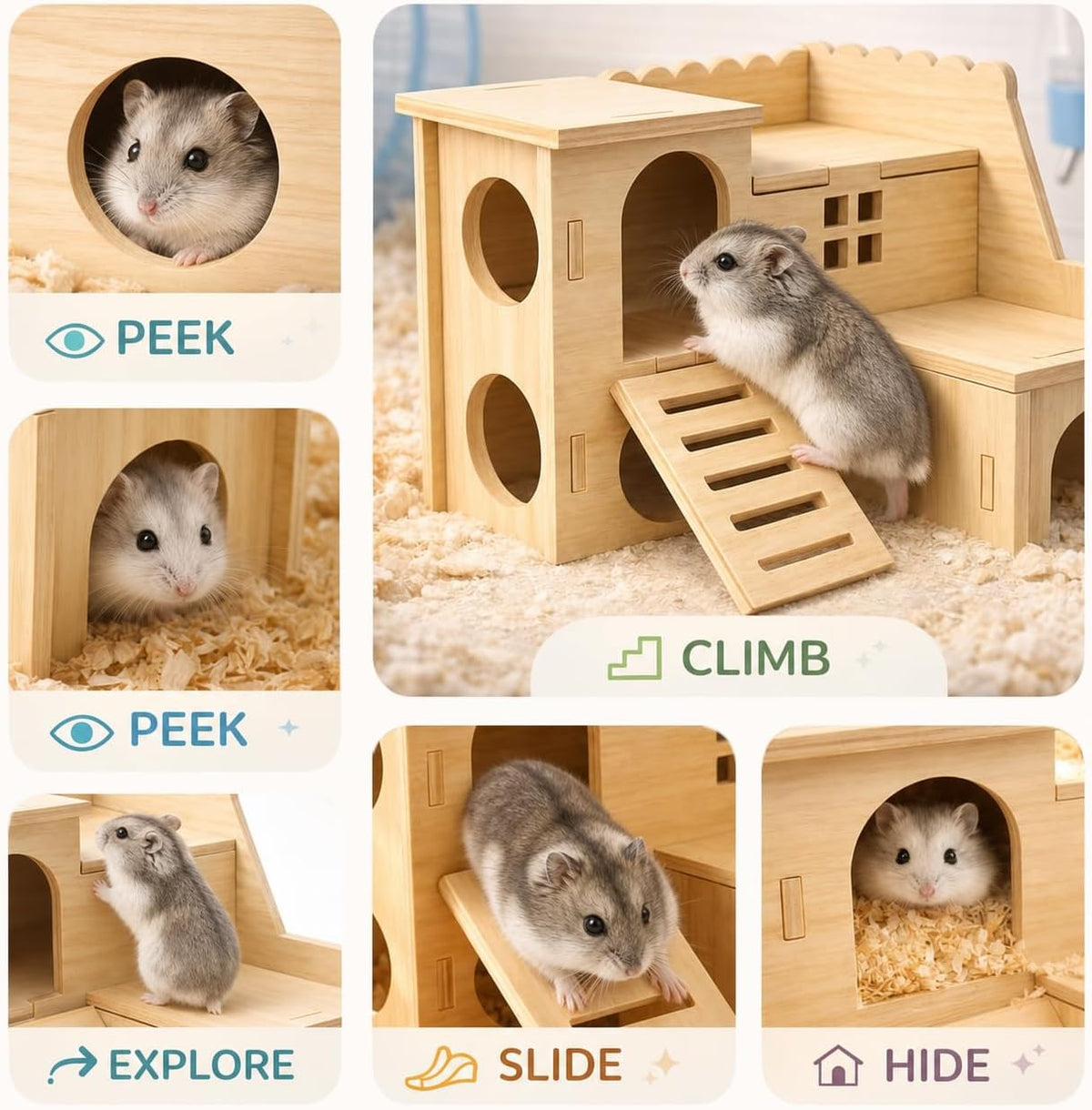 Tiny Hamster Maze Wood House Fun Slide House Double-Decker Hut - image 4