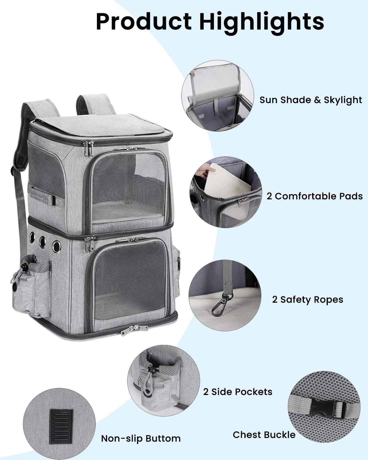 HOVONO Double-Compartment Cat Backpack Carrier for Mulit-Cat Families – Essentials for Dogs - 14.6"L x 11.2"W x 21.6"H / Grey - image 4