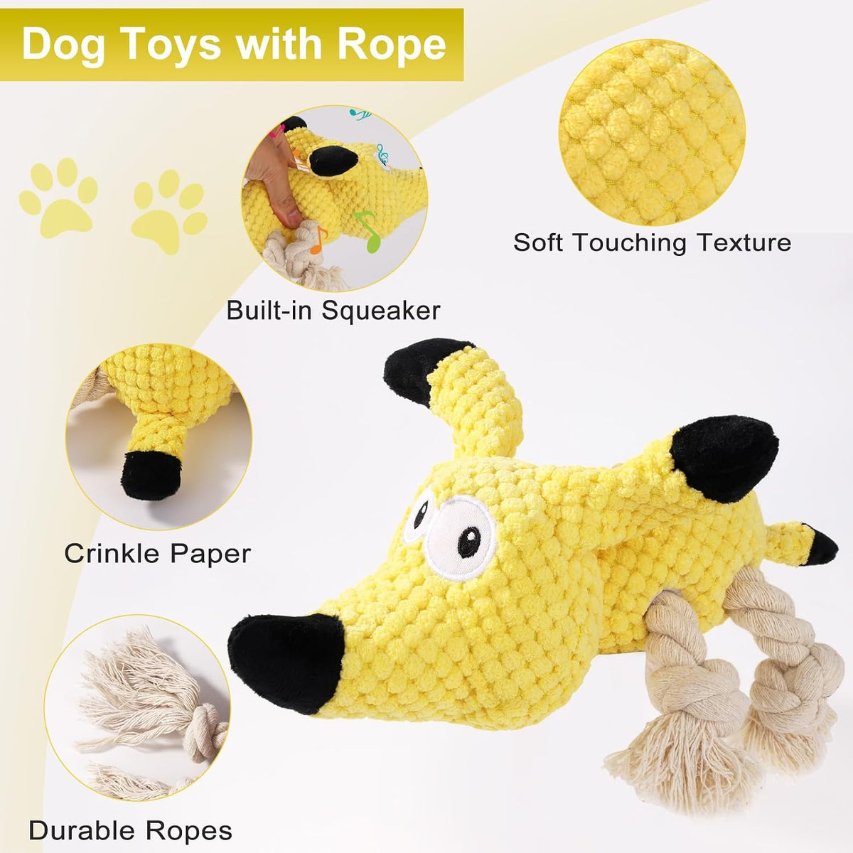 Letsmeet Plush Dog Toy with Crinkle Paper and Ropes - Yellow - image 2