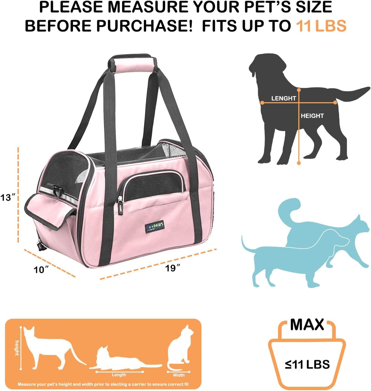 JESPET Soft-Sided Airline-Approved Dog & Cat Carrier Travel Bag – Essentials for Cats - 19.0"L x 10.0"W x 13.0"H / Pink - image 2