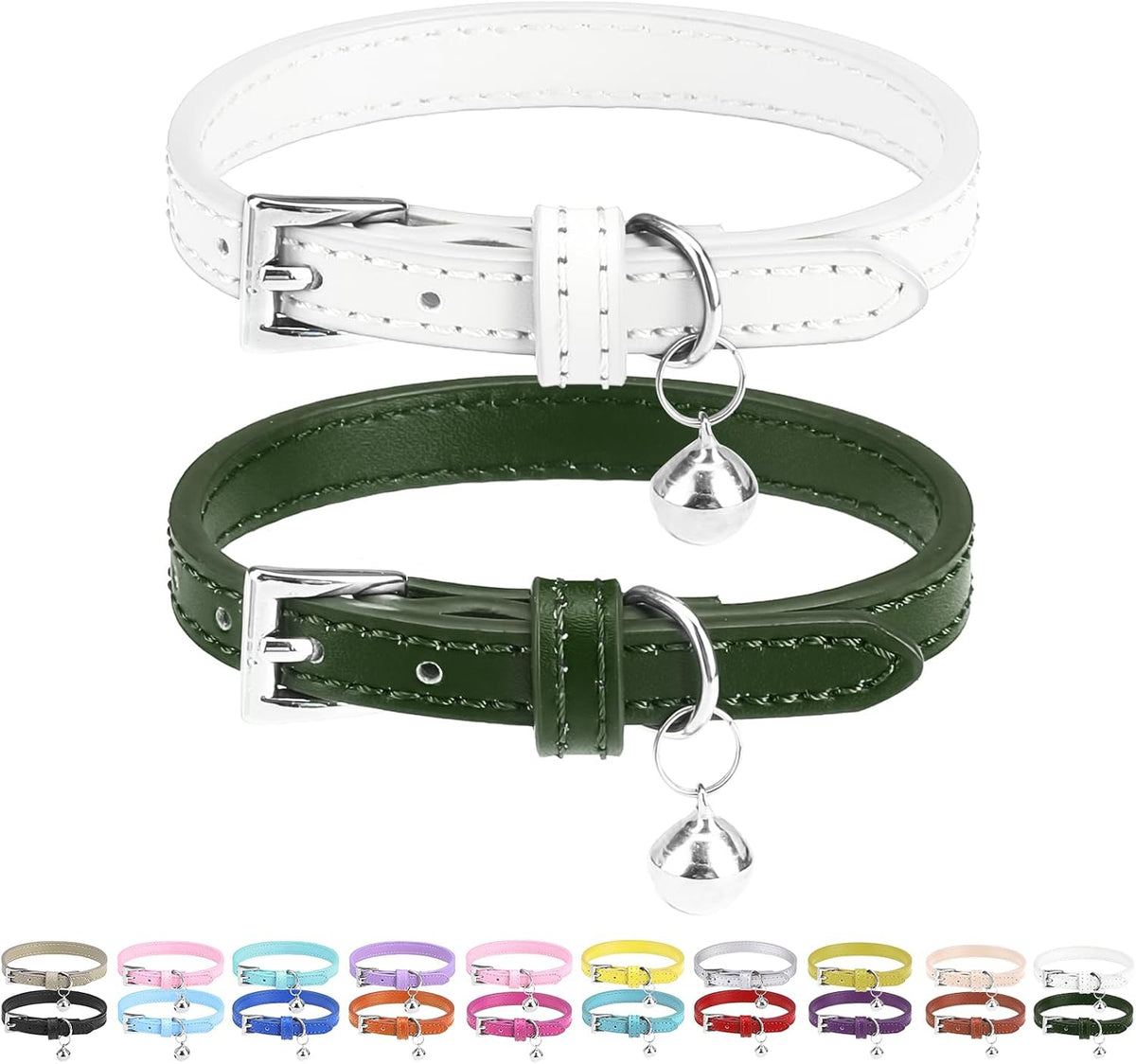 PUPTECK 2 PCS Soft Genuine Leather Cat Kitten Collar with Bells - White & Deep Green