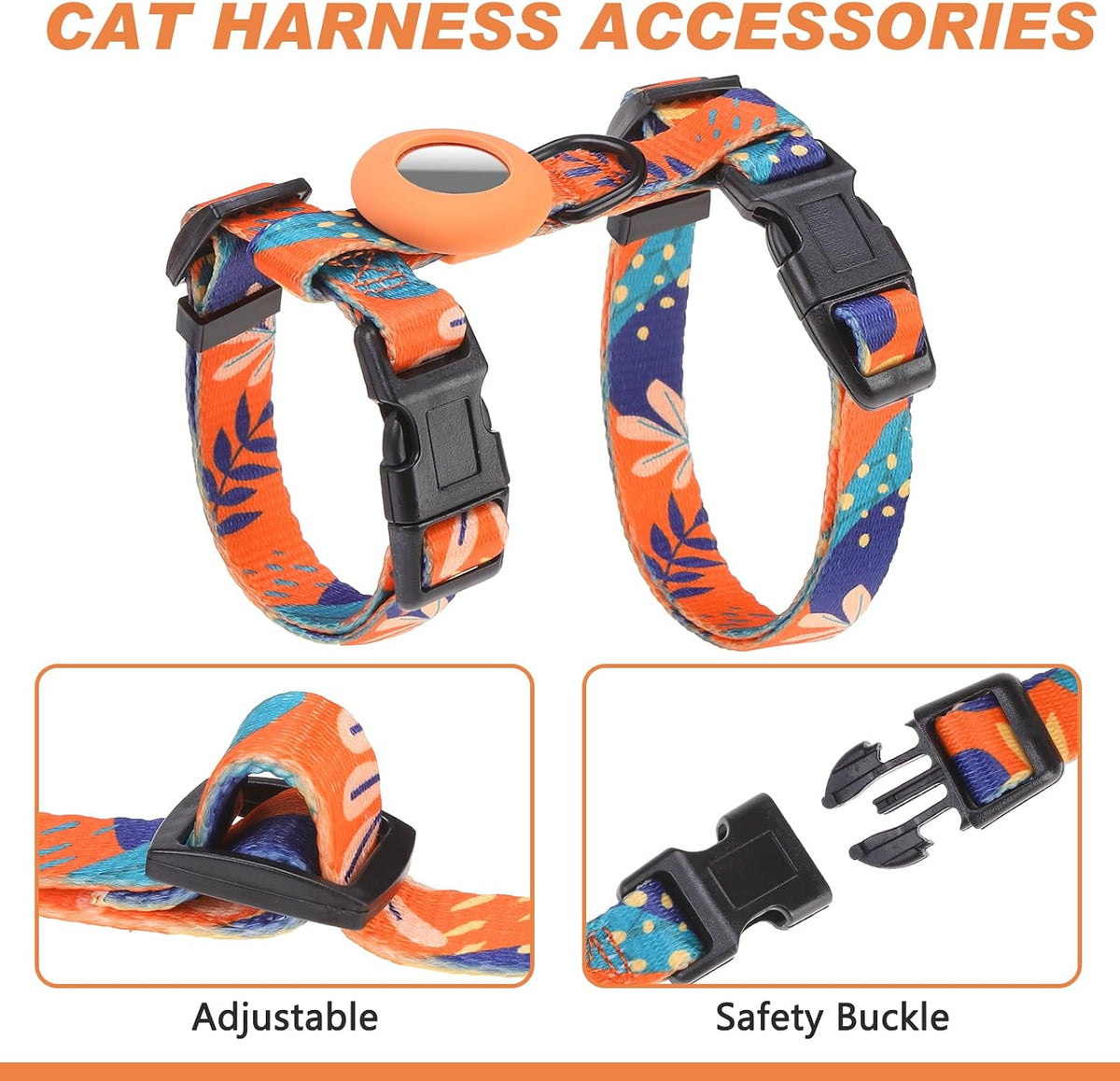 Cat Harness and Leash Set with Airtag Holder for Walking & Travelling - Orange Print - image 3