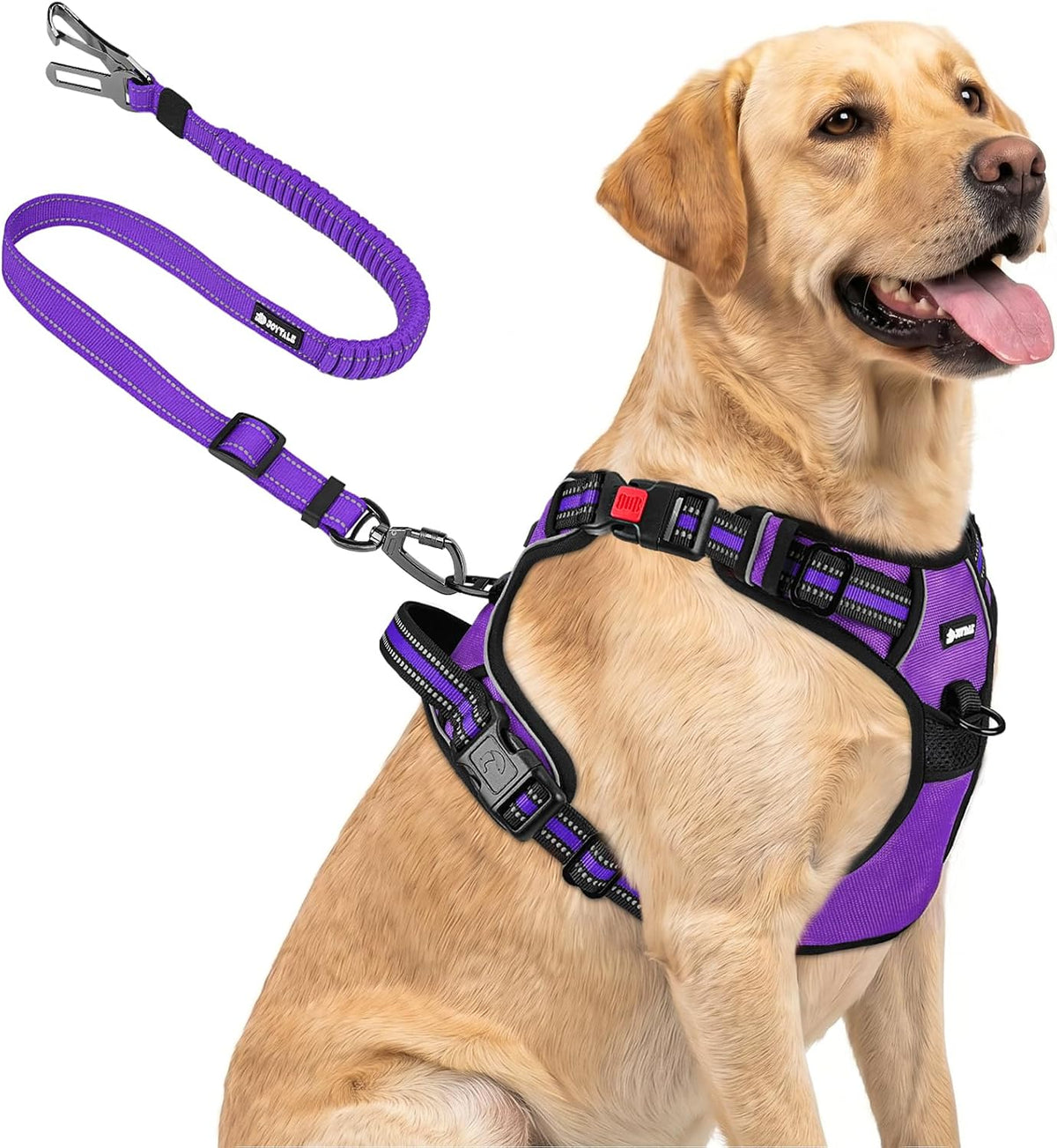 Joytale No Pull Dog Harness & Seat Belt, Easy On 3-Buckle, L - Purple / Large