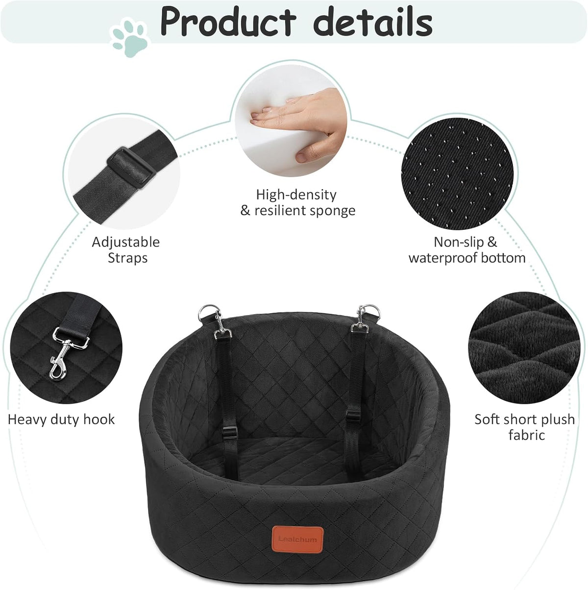 Lealchum Dog Car Seat for Small Dogs Up to 30 Lbs with 2 Safety Dog - Black / Small - image 3
