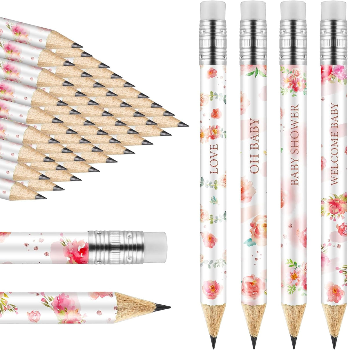 Tinlade 60 Pcs Baby Shower Pencils for Games, Mini Golf Pencil - Floral