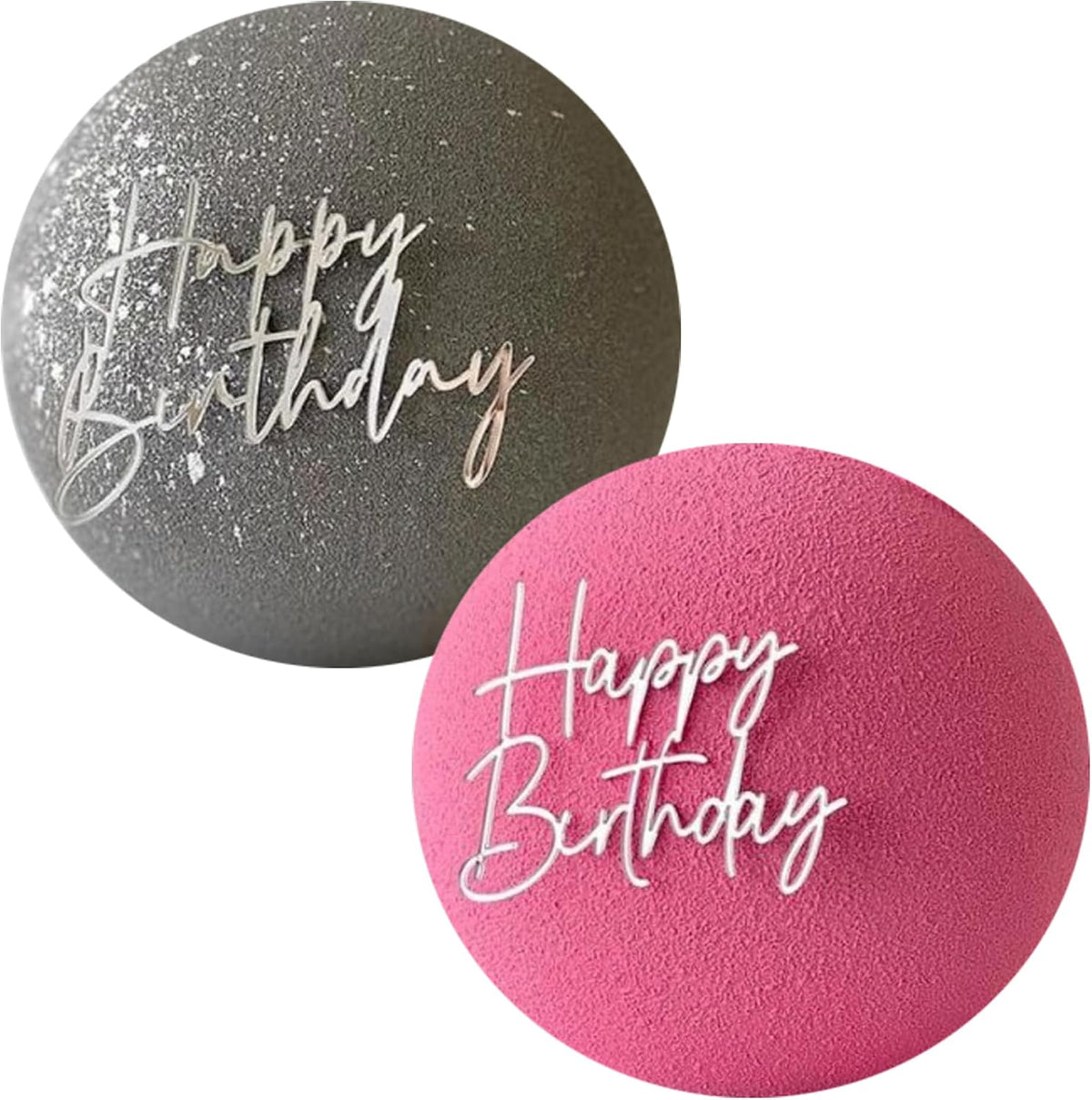 Black acrylic Happy Birthday cake topper on a frosted birthday cake