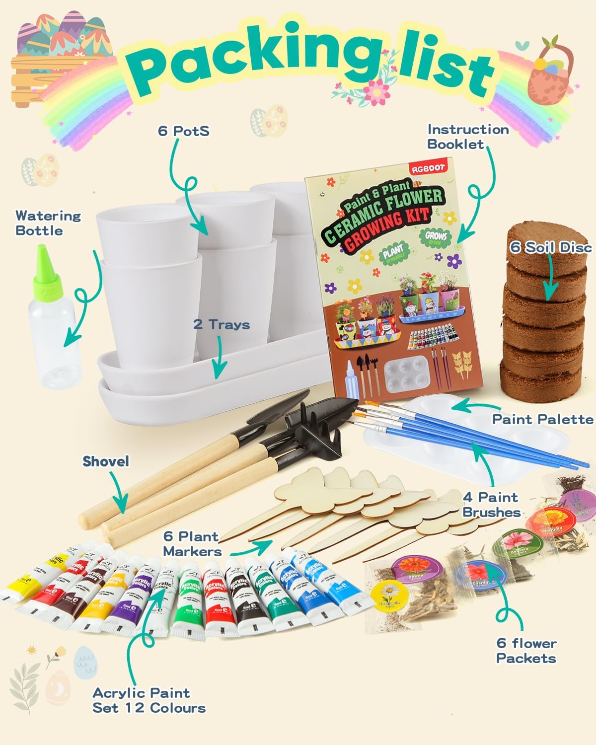 RGBDOT kids gardening set with 4 paintable stoneware flower pots and 12 paint tubes - view 3
