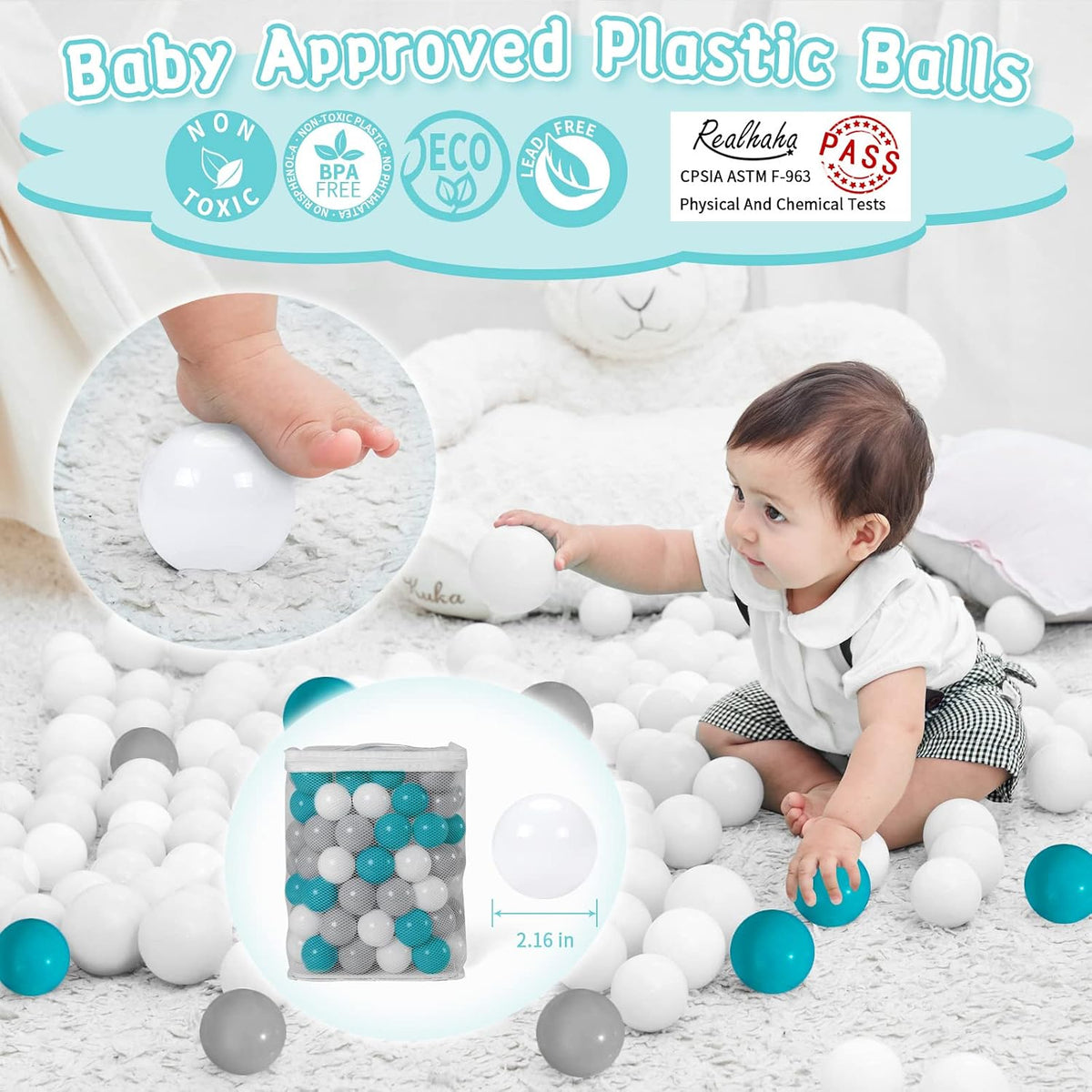 Realhaha Ball Pit Balls Baby Plastic Playpen Playball 2.15″ - Dark Green Gray White / 100 balls - image 2