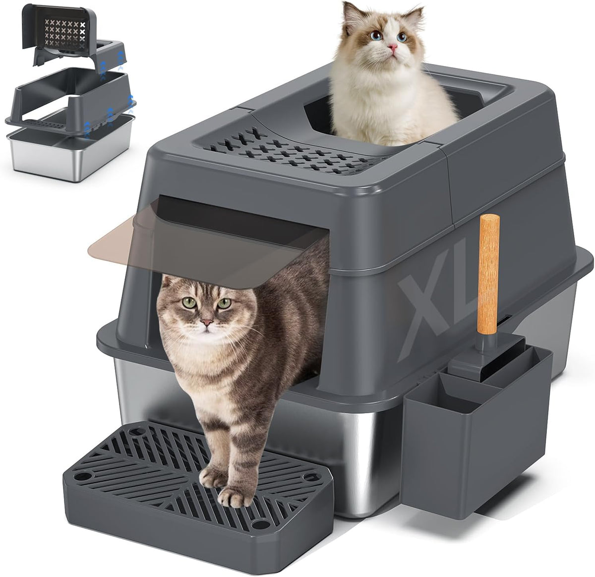 Aphyxen XL Stainless Steel Litter Box with Lid - XL Dark Grey
