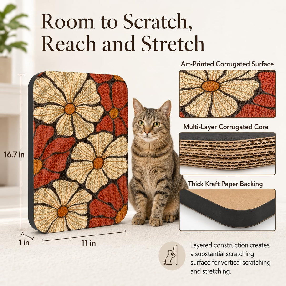 Cat Wall Scratcher, Art Cat Scratching Board for Indoor Cats – Essentials for Cats - Retro Daisy - image 2