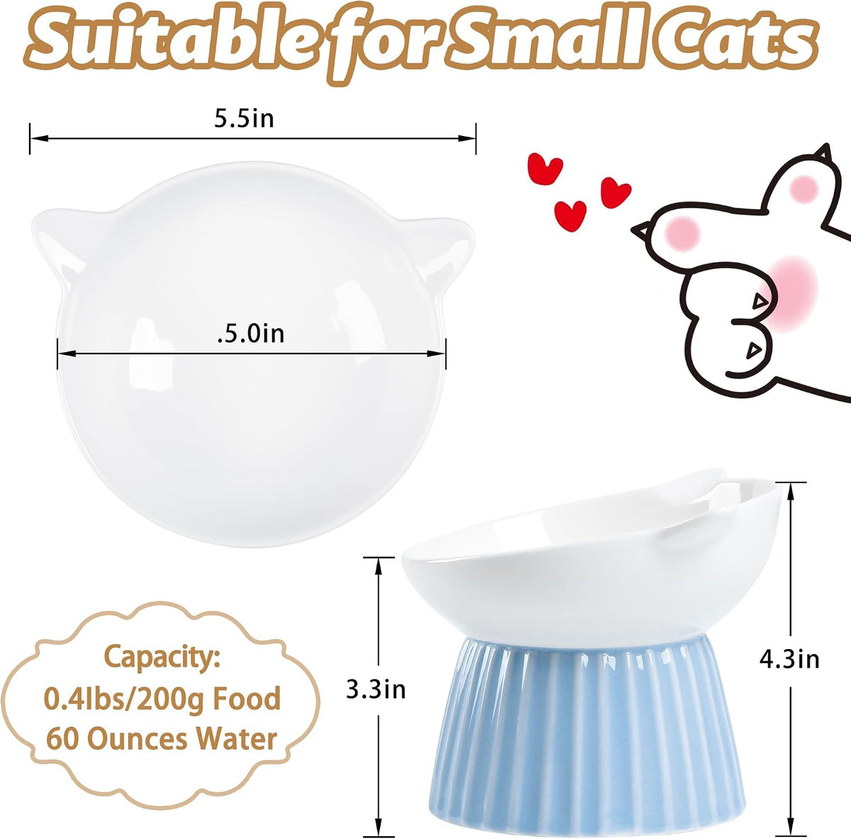 Ceramic Raised Cat Bowl，Tilted Raised Cat Bowl Anti Vomit Cat Bowls - Blue - image 2