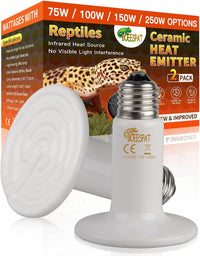 150W Reptile Heat Lamp, Pack of 2 Ceramic Heat Emitters for Reptile Geckos, Lizard, Iguana, Bearded - 100 Watts / 2pcs/White