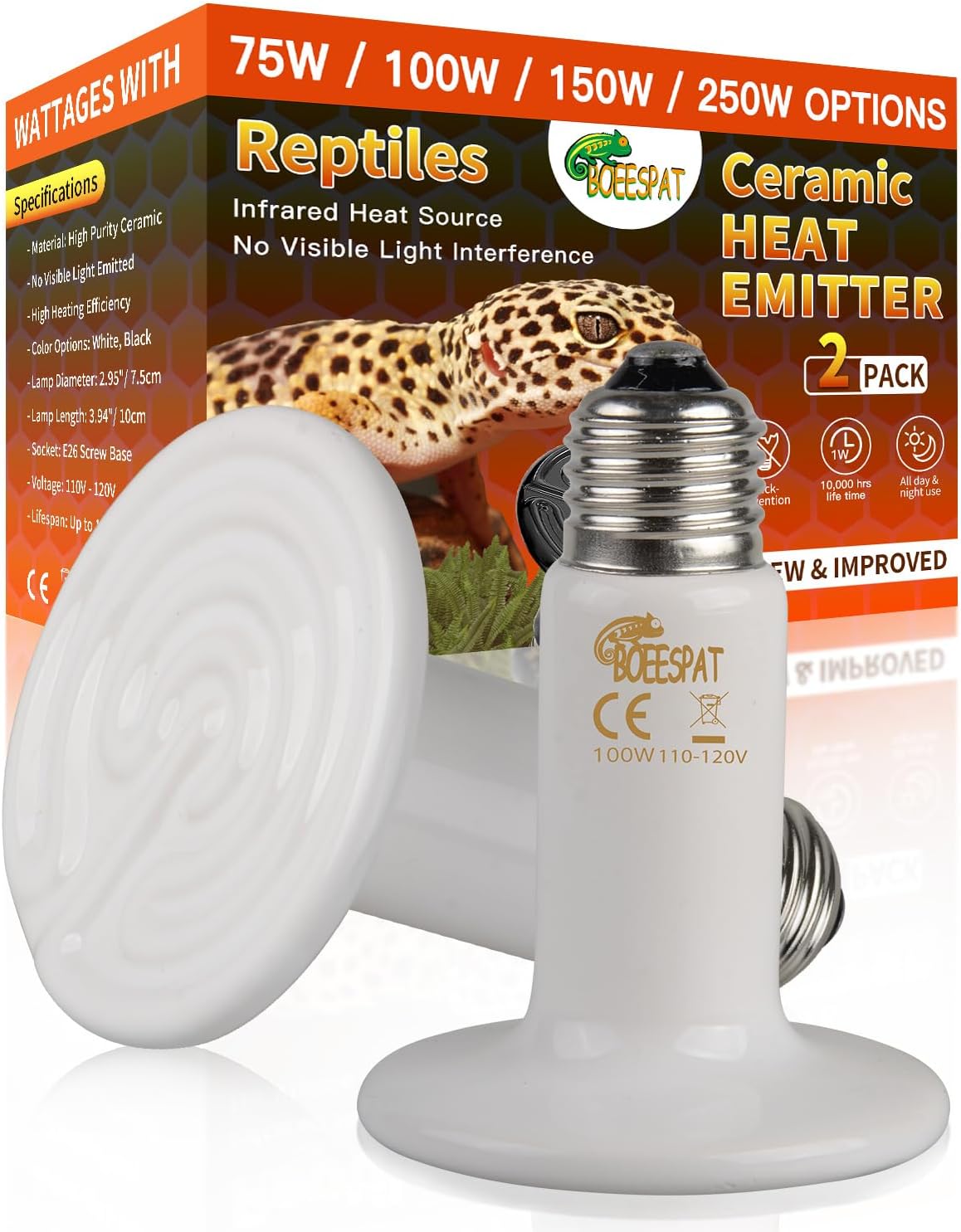 150W Reptile Heat Lamp, Pack of 2 Ceramic Heat Emitters for Reptile Geckos, Lizard, Iguana, Bearded - 100 Watts / 2pcs/White