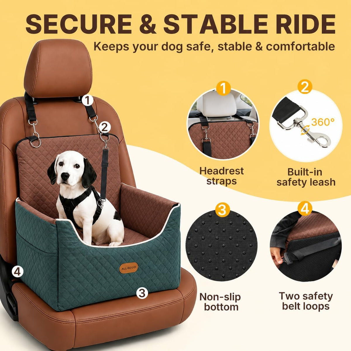 ALL GOOD PET SUPPLIES Dog Car Seat for Small/Medium Dogs Under – Essentials for Dogs - Green/Brown - image 2