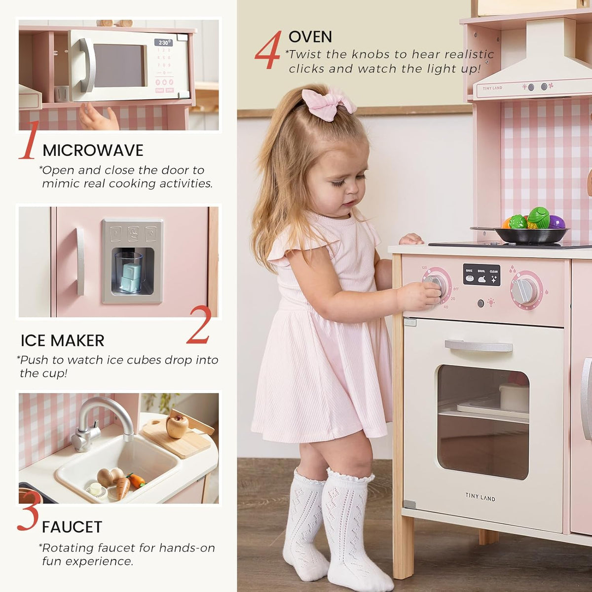 Tiny Land Play Kitchen for Kids, Real Lights - Pink - image 2