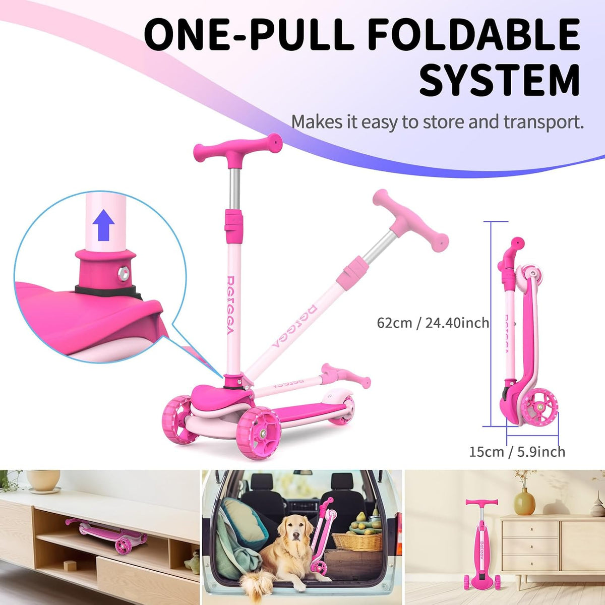 BELEEV A8 Scooter for Kids Ages 3-12 - Light Pink - image 3