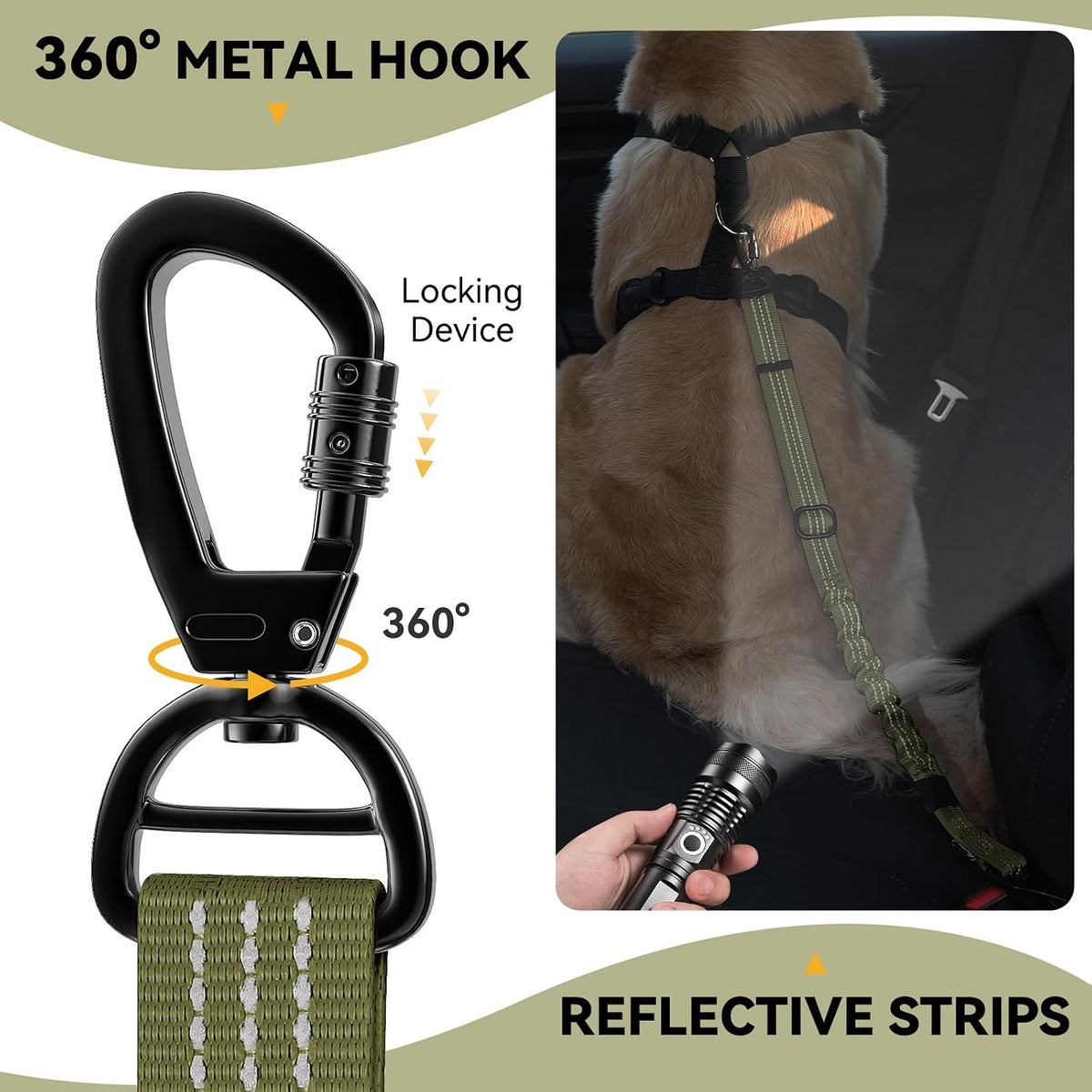 Pawaboo 2Pack Dog Car Seatbelt - Army Green + Black - image 2