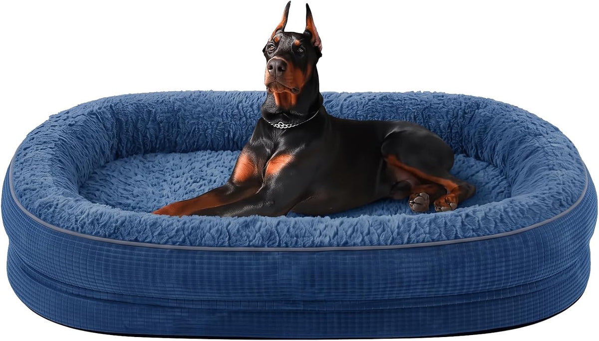 JOEJOY XL Orthopedic Dog Bed for Large Dogs, 360° Oval Bolster - Navy Blue / 48"l X 35"w X 7.5"th