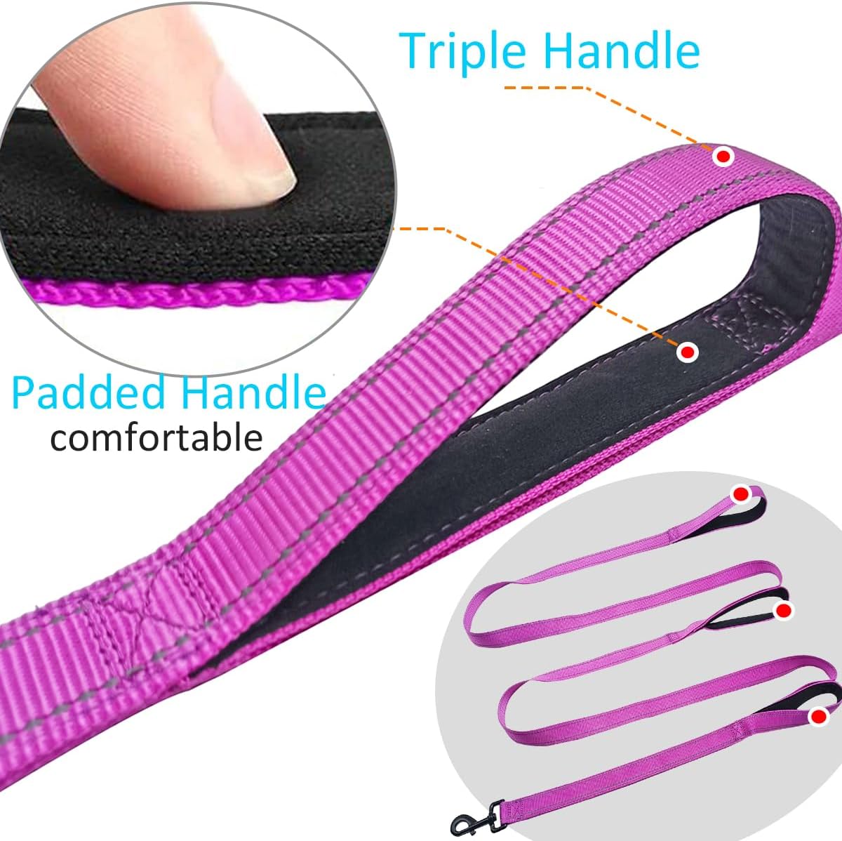 3 Handle Dog Leash 10FT Triple Handle Reflective Large Medium Dogs – Essentials for Dogs - Purple - image 2