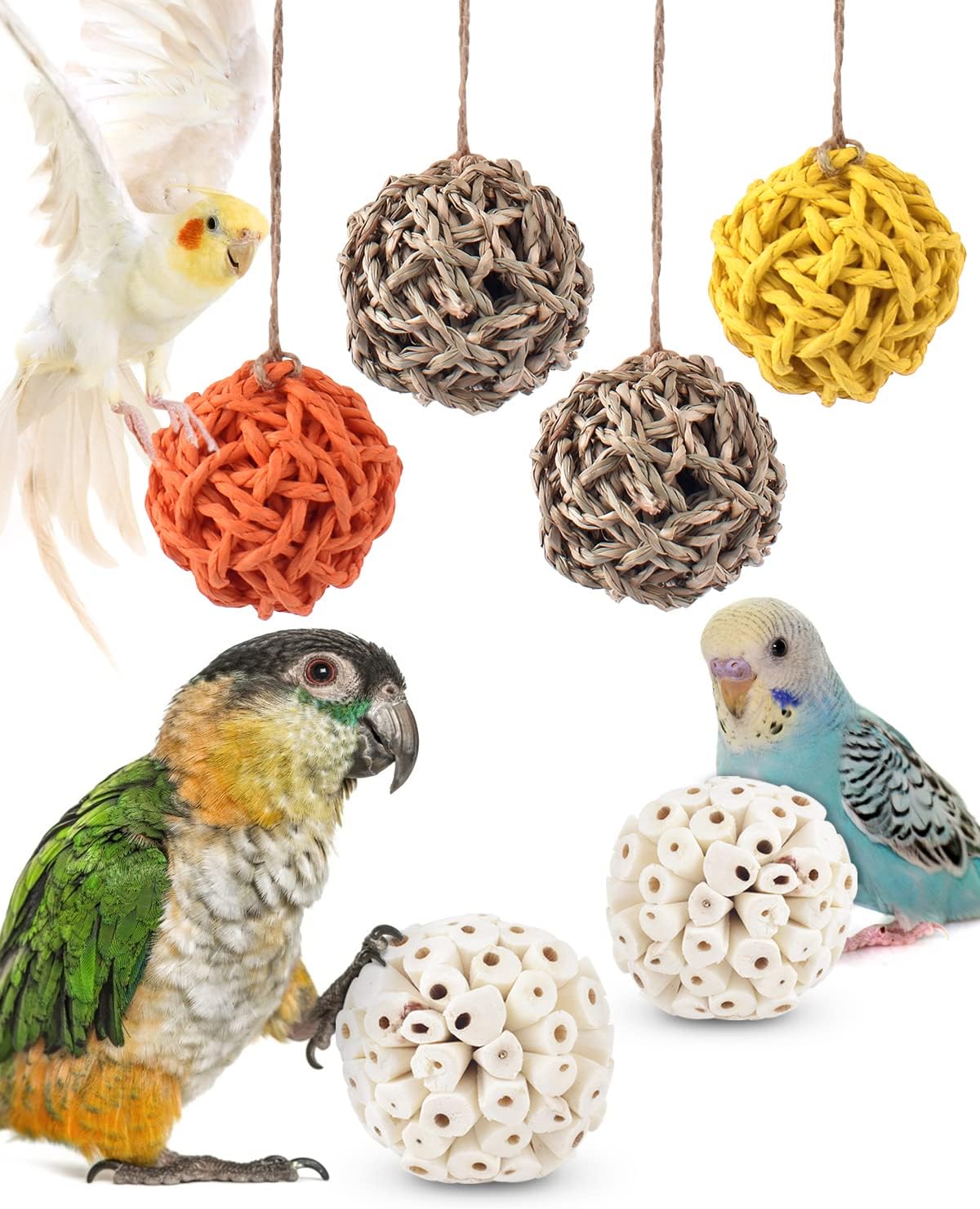Bissap Bird Chew Toys, Parrot Foraging Shredder Natural Palm Frond Hanging Cage Toy for Conure - Balls