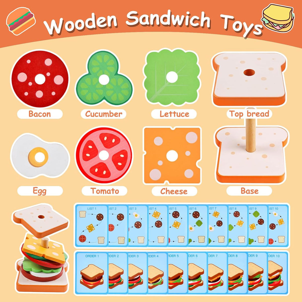 Pajojoqa wooden sandwich stacking toy with egg, cheese, bacon, lettuce, tomato and bun pieces - view 9