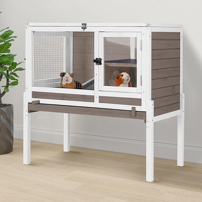 GUTINNEEN Indoor Rabbit Hutch Guinea Pig Cages with Chew-Proof Ramp, 2-Story Wooden Bunny House with Pull-Out Tray & Leakproof PVC Layer, Small Animal Cage with Detachable Legs
