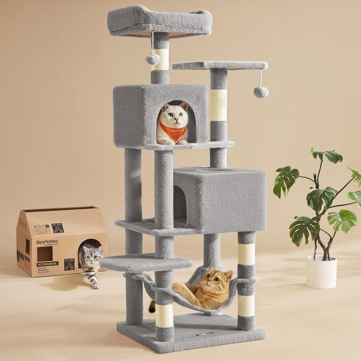 Feandrea Cat Tree, Multi-Level Condo - 59.5 Inches / Light Gray