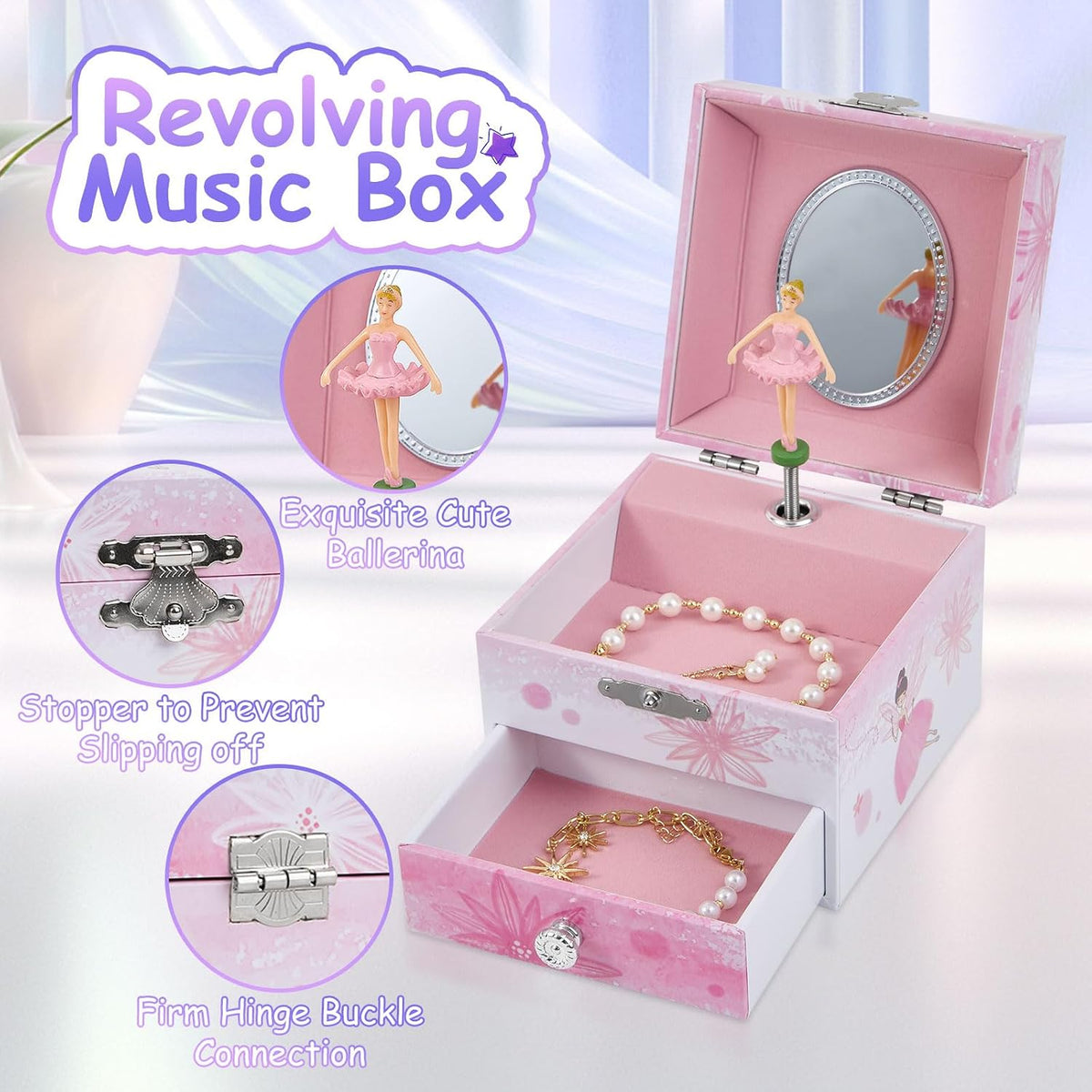 Girls Musical Jewelry Box with Drawer and Spinning Ballerina - Pink flower fairy - image 2