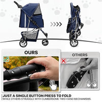 MoNiBloom 3 Wheels Pet Stroller, Foldable Dog Cat Cage Jogger Stroller with Weather Cover for All-Season, Storage Basket and Cup Holder, Breathable and Visible Mesh for Small/Medium Pets, Blue