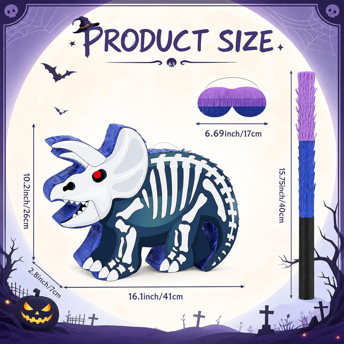 Aoriher Halloween skull piñata with bat stick, blindfold and square confetti - view 21