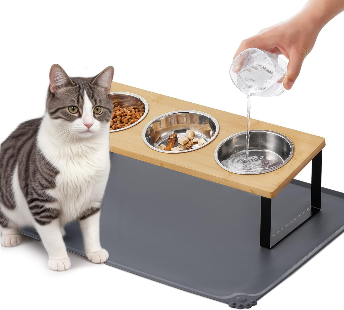 Upgraded Elevated Cat Bowls with Food Mat - Bamboo-3Bowls