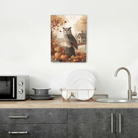 Fall Owl Wall Art Autumn Pumpkin Leaves Wall Decor Rustic Canvas Print Farmhouse Pictures Painting Print Framed Artwork Decorations Gifts for Living Room Bathroom Bedroom Office 12"x16"