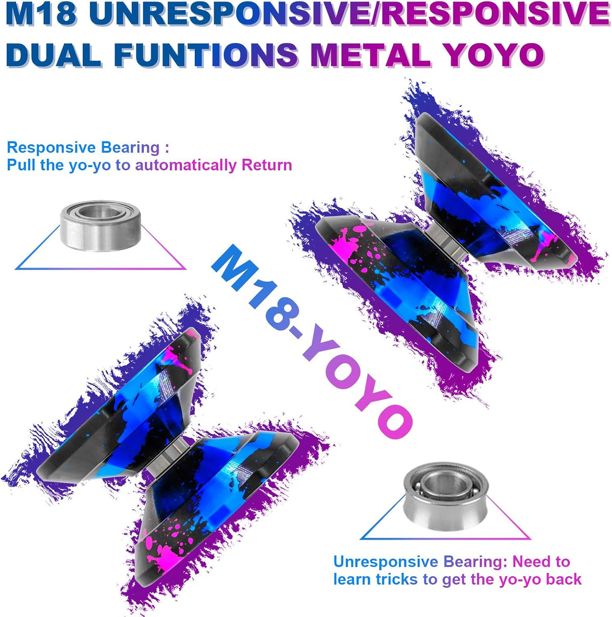 W07 yoyo Professional Metal Trick Yoyo Responsive & Unresponsive – Fun for Kids & Family - 7-Blue Pink Black - image 4